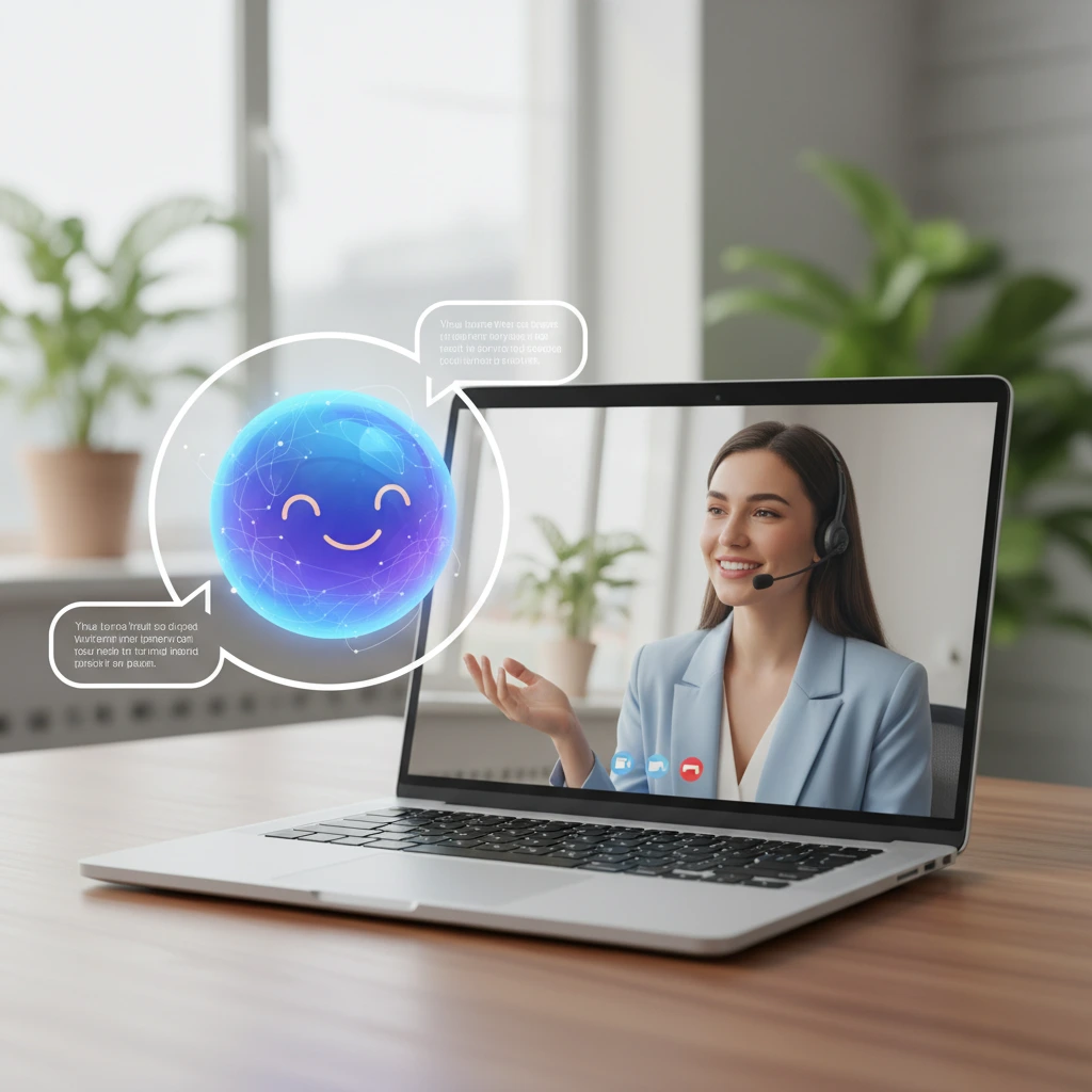 A friendly AI chatbot avatar having a natural conversation with a smiling customer service representative on a laptop.