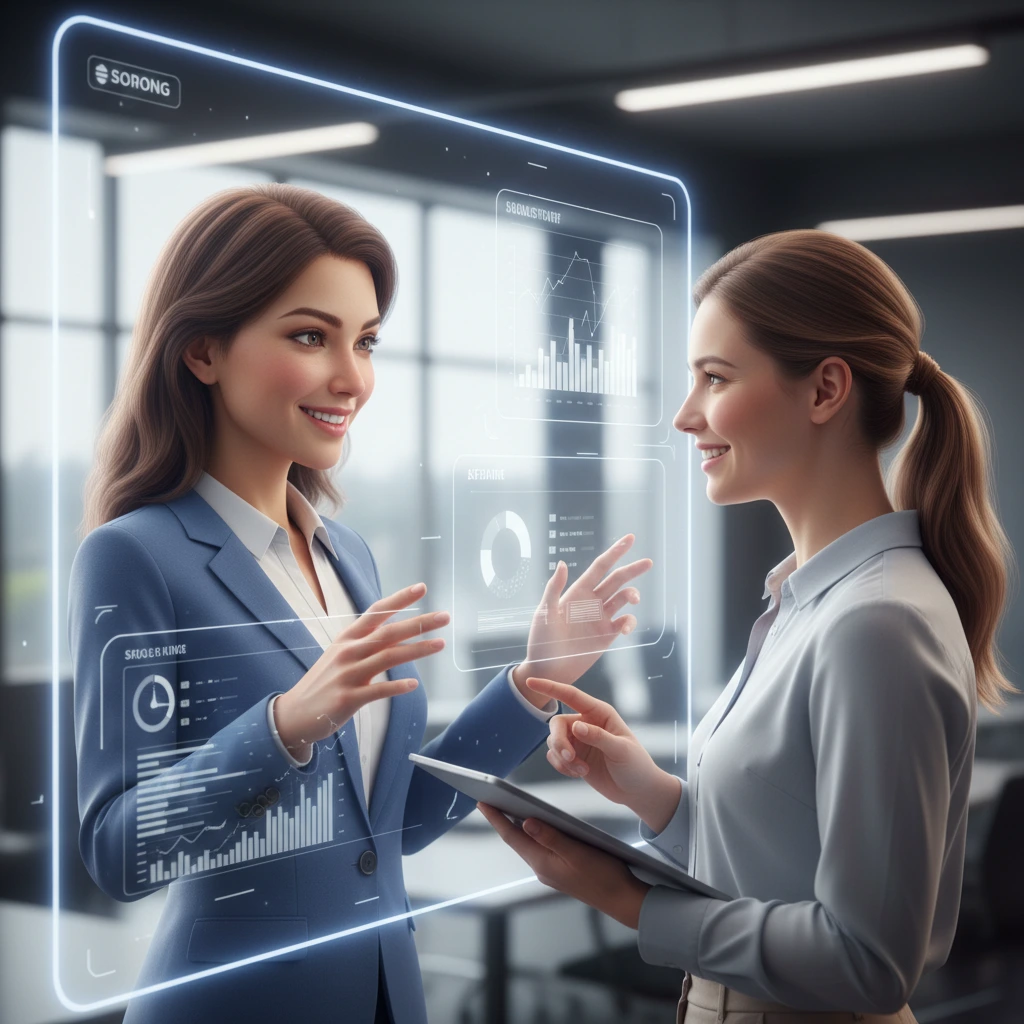 A friendly, realistic digital human avatar assisting a customer on a digital screen