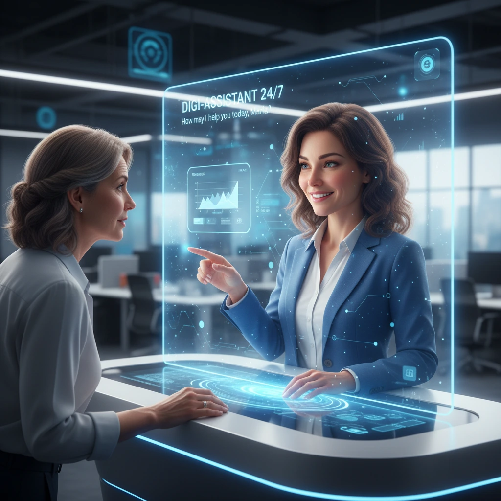 A friendly AI chatbot avatar having a natural conversation with a smiling customer service representative on a laptop.