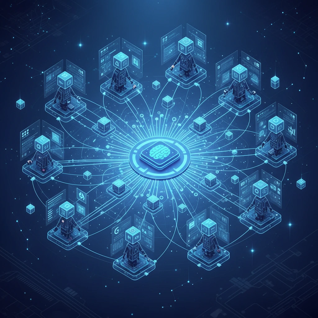 Illustration of multiple AI agents collaborating and exchanging data in a connected network.