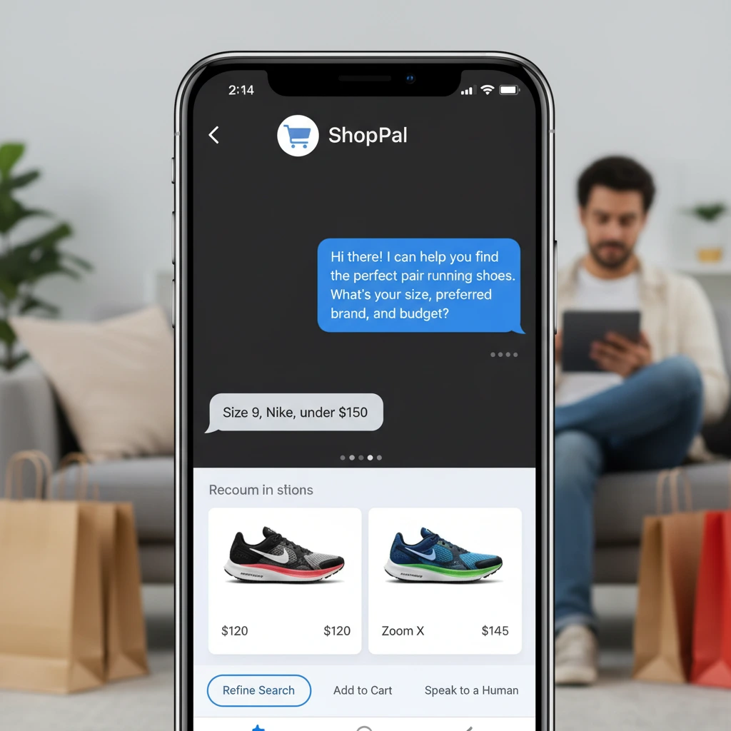 Conversational commerce AI chatbot helping with online shopping.
