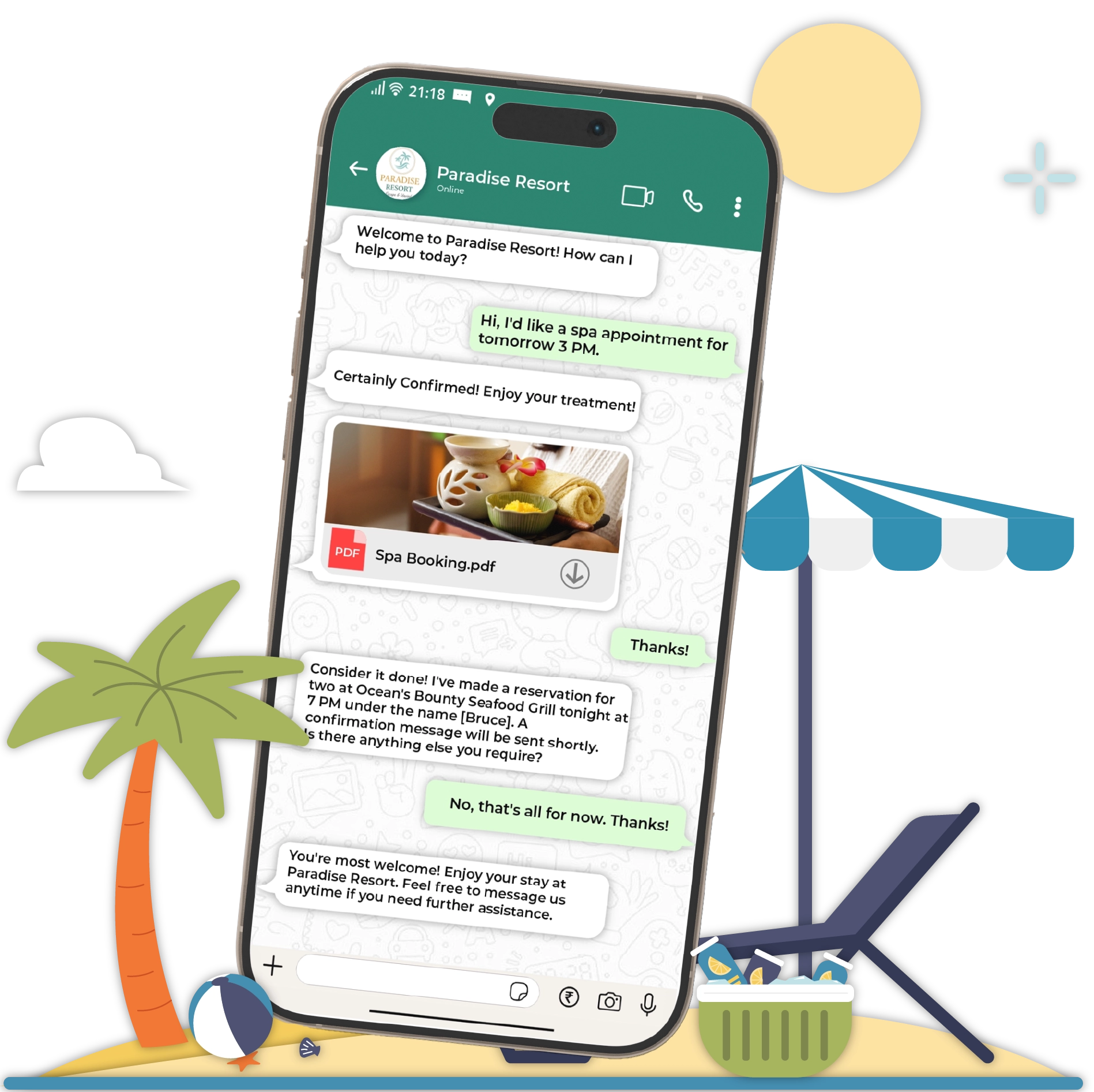 Hotel guest receiving a warm welcome and pre-arrival information via WhatsApp bot.