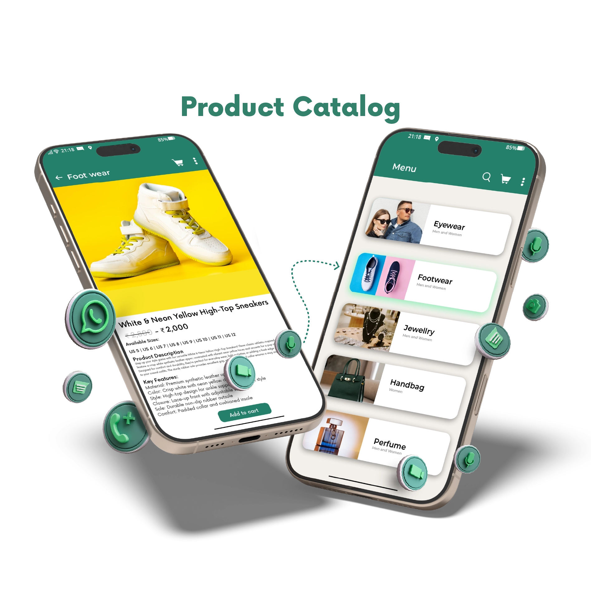WhatsApp Business chatbot product catalog interface showing items and prices