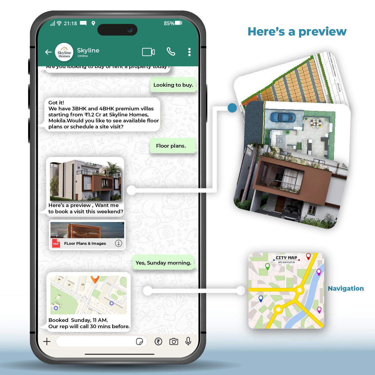 Sharing a virtual tour and property photos with a client via WhatsApp