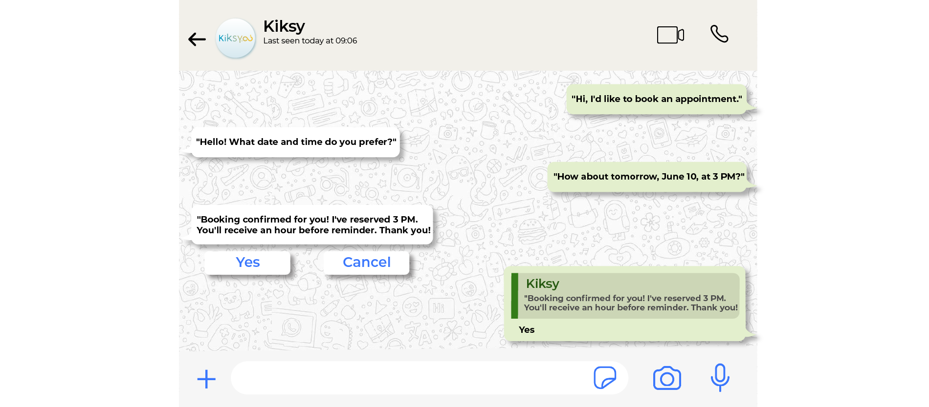Screenshot of WhatsApp chat interface showing booking & messaging highlights WhatsApp-based booking system for service providers